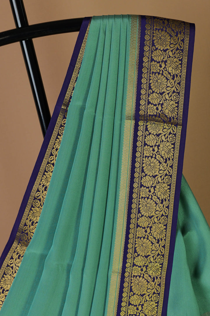 PURE MYSORE SILK SAREE IN TURQUOISE & NAVY BLUE WITH GOLD LACE ZARI & BLUE BLOUSE