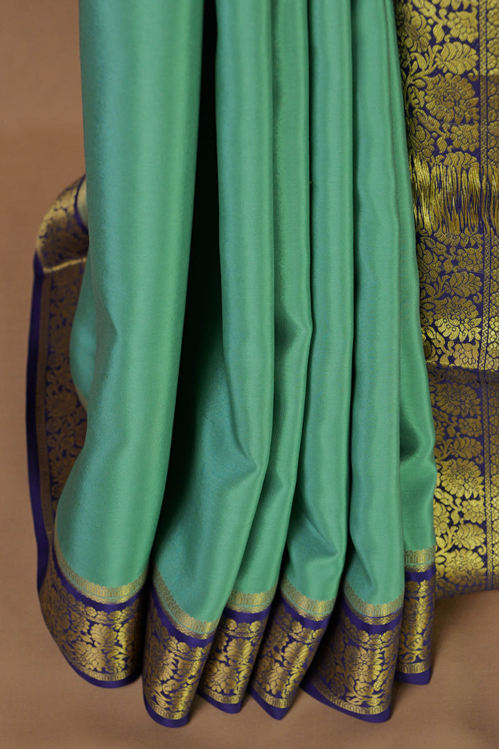 PURE MYSORE SILK SAREE IN TURQUOISE & NAVY BLUE WITH GOLD LACE ZARI & BLUE BLOUSE