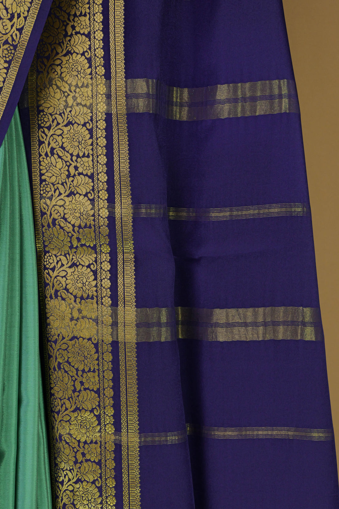 PURE MYSORE SILK SAREE IN TURQUOISE & NAVY BLUE WITH GOLD LACE ZARI & BLUE BLOUSE