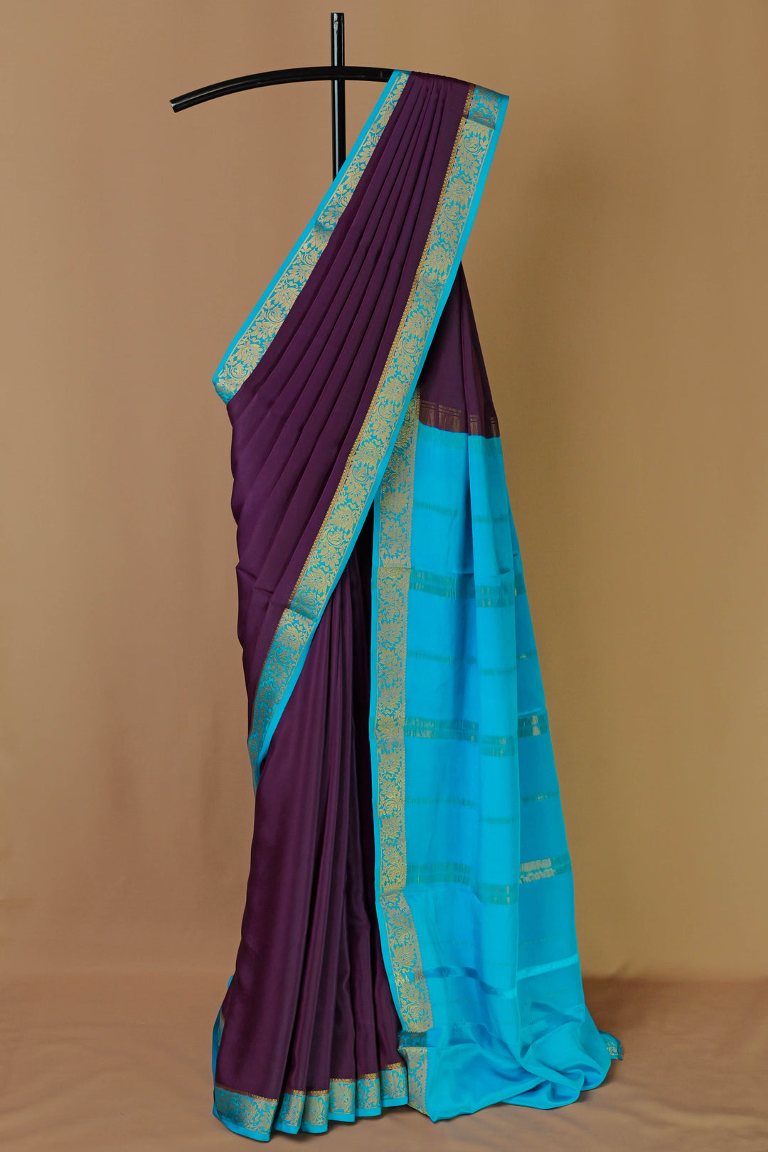 PURE MYSORE SILK SAREE IN DARK WINE & BLUE WITH GOLD LACE ZARI & BLUE BLOUSE