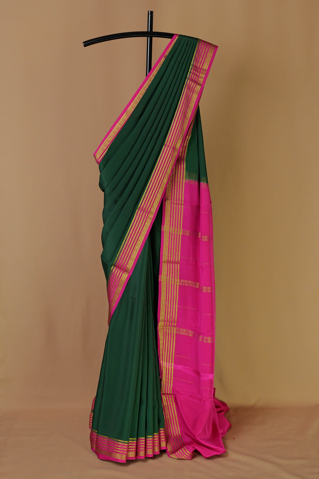 PURE MYSORE SILK SAREE IN DARK GREEN & PINK WITH GOLD LACE ZARI & PINK BLOUSE