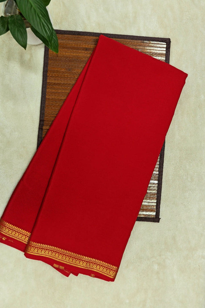 Leaf Border Pure Gold Lace Mysore Silk Saree in Red Color with Self Red Color Blouse | Atharva