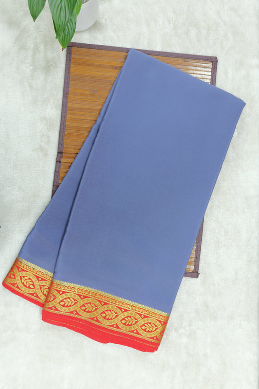 Leaf Motif Pure Mysore Silk Saree in Grey and Red Color with Contrast Red Color Blouse | Atharva