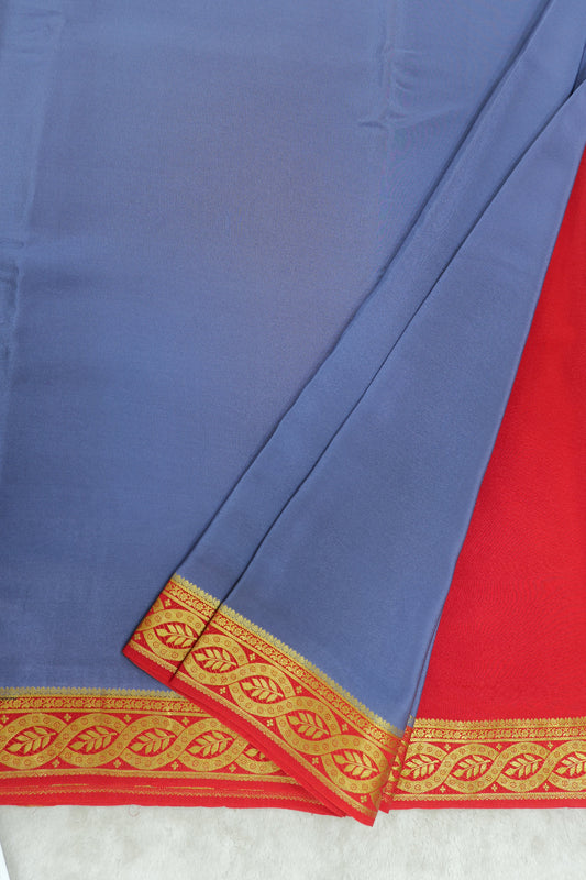 Heart Border Pure Mysore Silk Saree in Blue and Red Color with Contrast Red Color Blouse