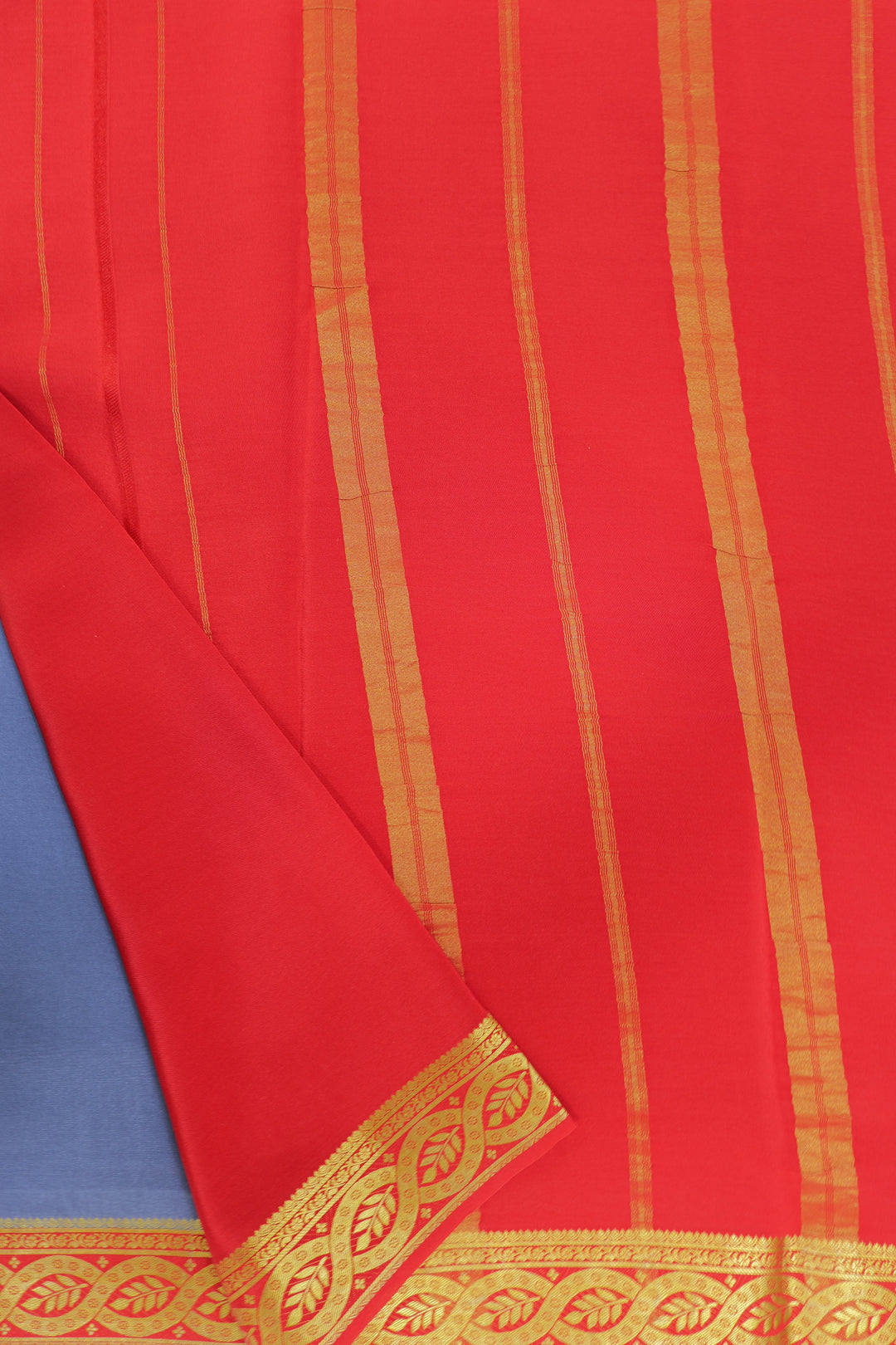 Heart Border Pure Mysore Silk Saree in Blue and Red Color with Contrast Red Color Blouse