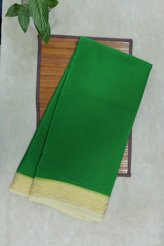 Leaf Motif Pure Mysore Silk Saree in Green and White Color with Contrast White Color Blouse