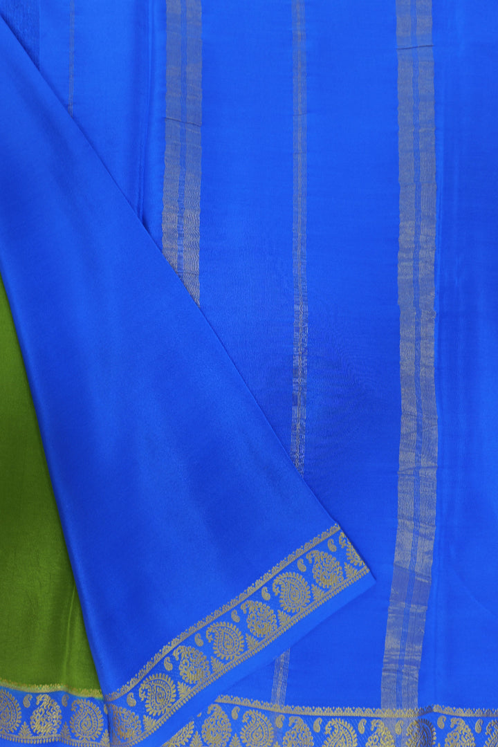 Mango Border Pure Gold Lace Mysore Silk Saree in Green and Blue Color with Contrast Blue Color Blouse