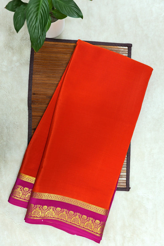 Heart Border Pure Mysore Silk Saree in Orange and Pink Color with Contrast Pink Color Blouse