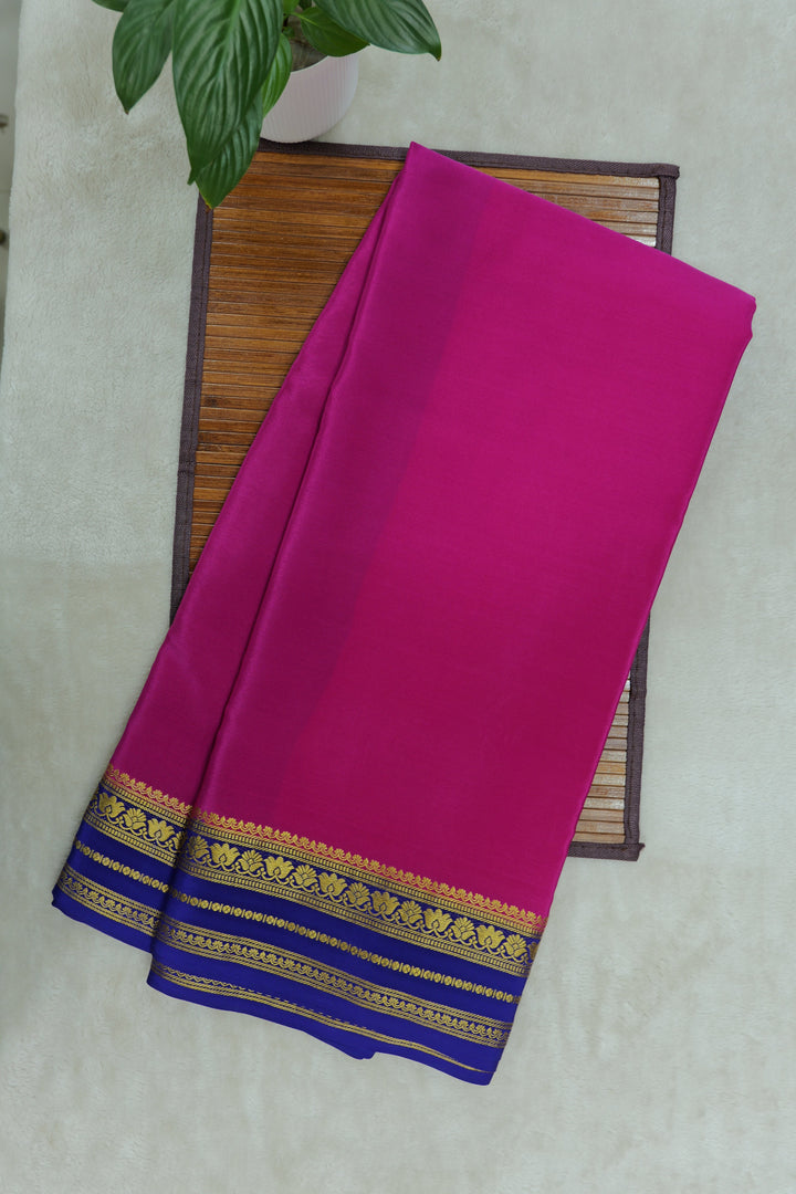 Floral Border Pure Gold Lace Mysore Silk Saree in Pink and Blue Color With Contrast Blue Color Blouse