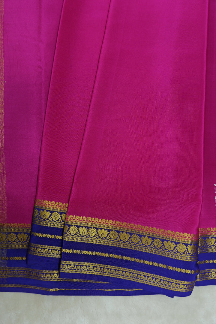 Floral Border Pure Gold Lace Mysore Silk Saree in Pink and Blue Color With Contrast Blue Color Blouse