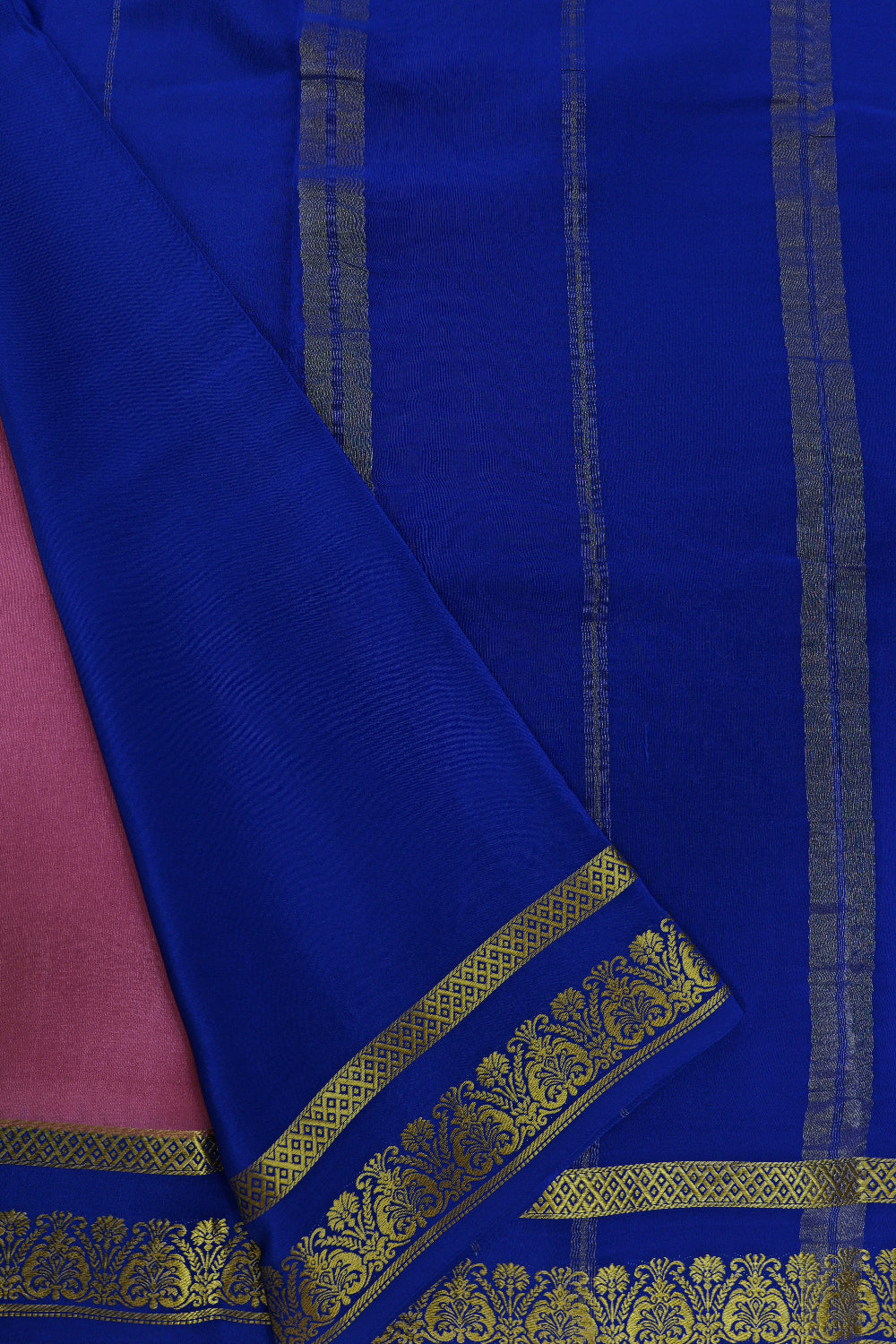 Floral Border Pure Gold Lace Mysore Silk Saree in Pink and Blue Color With Contrast Blue Color Blouse
