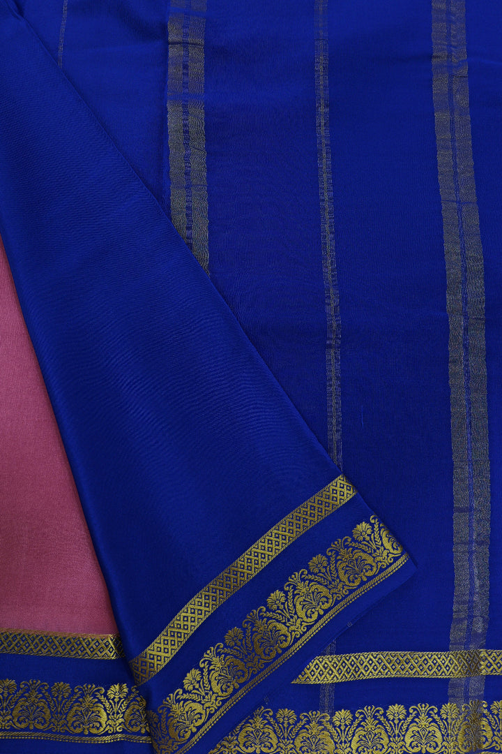 Floral Border Pure Gold Lace Mysore Silk Saree in Pink and Blue Color With Contrast Blue Color Blouse