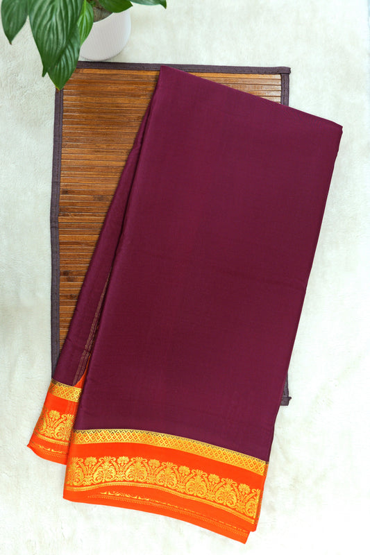 Heart Border Pure Mysore Silk Saree in Brown and Orange Color with Contrast Orange Color Blouse
