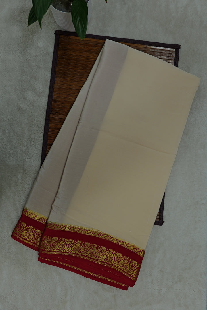 Heart Border Pure Mysore Silk Saree in White and Brown Color with Contrast Brown Color Blouse