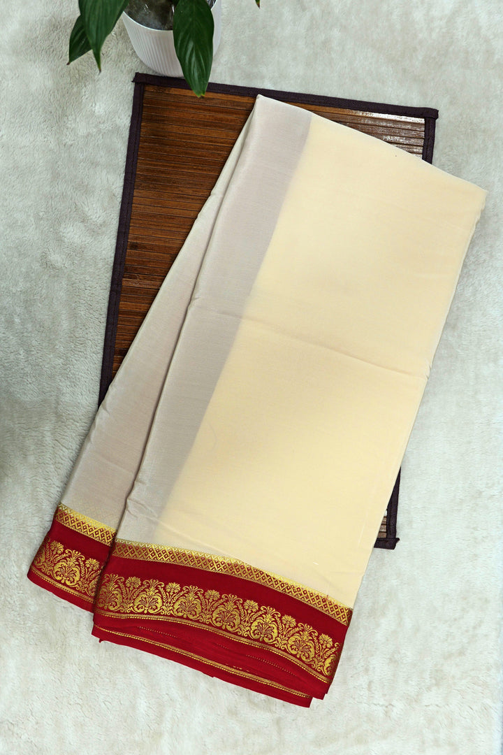 Heart Border Pure Mysore Silk Saree in White and Brown Color with Contrast Brown Color Blouse