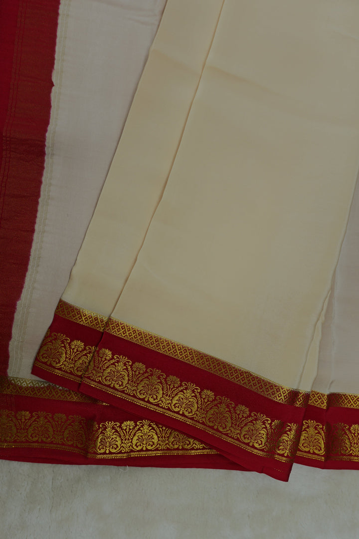 Heart Border Pure Mysore Silk Saree in White and Brown Color with Contrast Brown Color Blouse