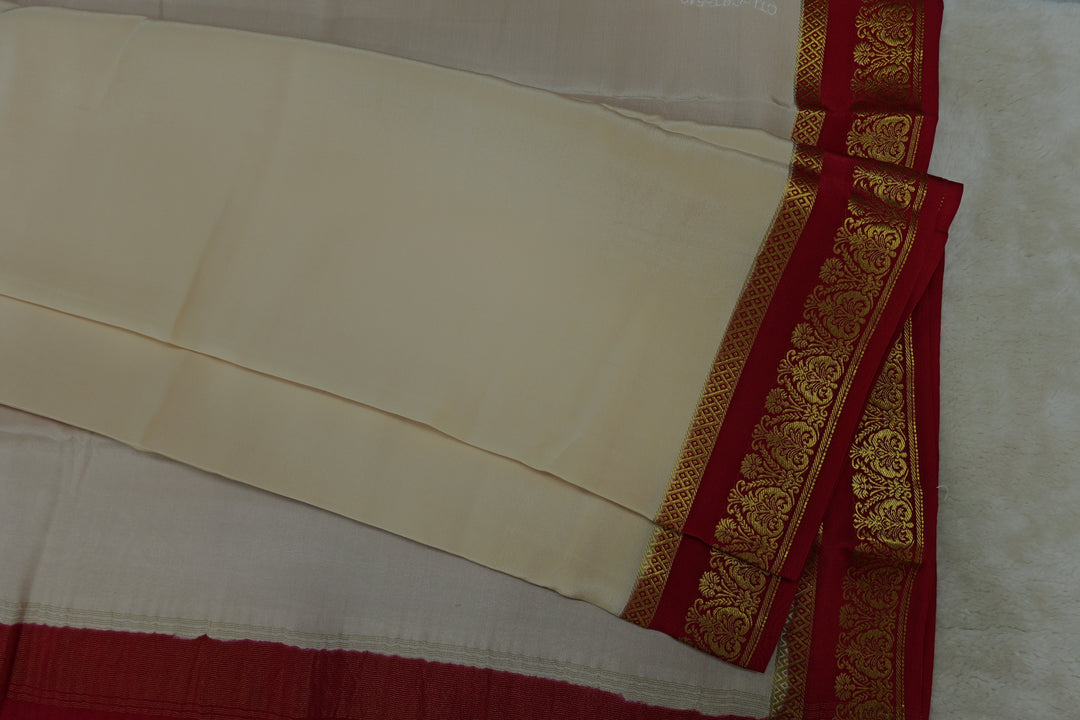 Heart Border Pure Mysore Silk Saree in White and Brown Color with Contrast Brown Color Blouse