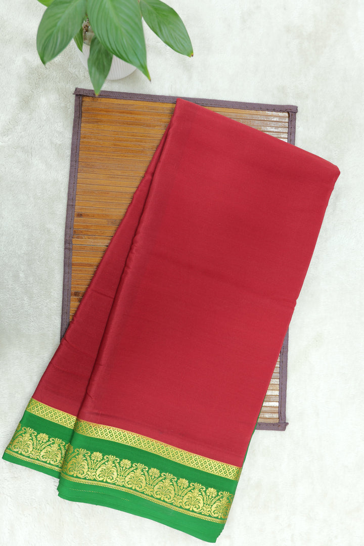 Heart Border Pure Mysore Silk Saree in Red and Green Color with Contrast Green Color Blouse