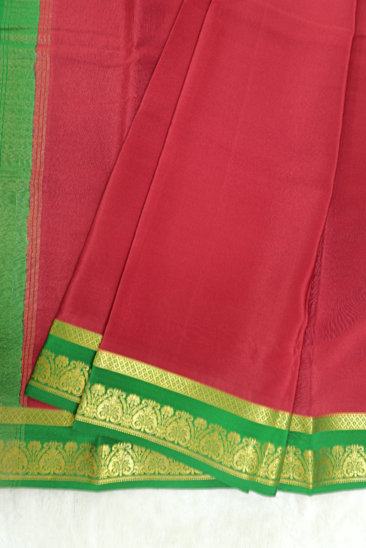 Heart Border Pure Mysore Silk Saree in Red and Green Color with Contrast Green Color Blouse