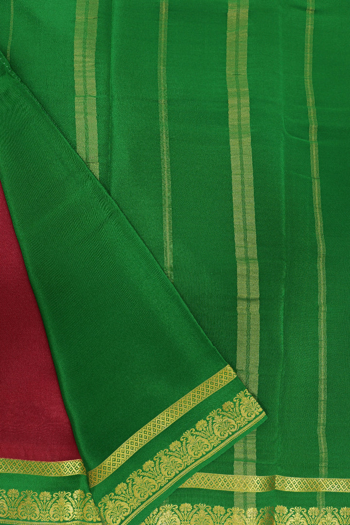 Heart Border Pure Mysore Silk Saree in Red and Green Color with Contrast Green Color Blouse