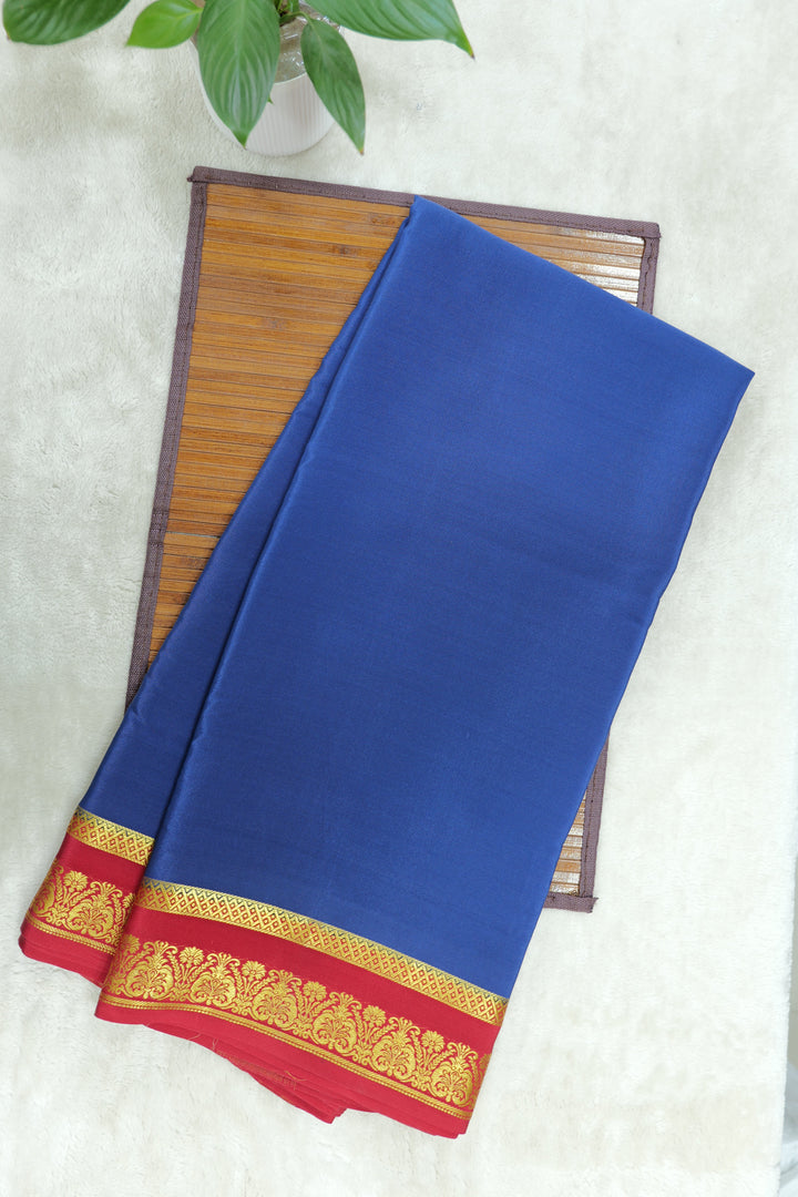 Heart Border Pure Mysore Silk Saree in Blue and Red Color with Contrast Red Color Blouse