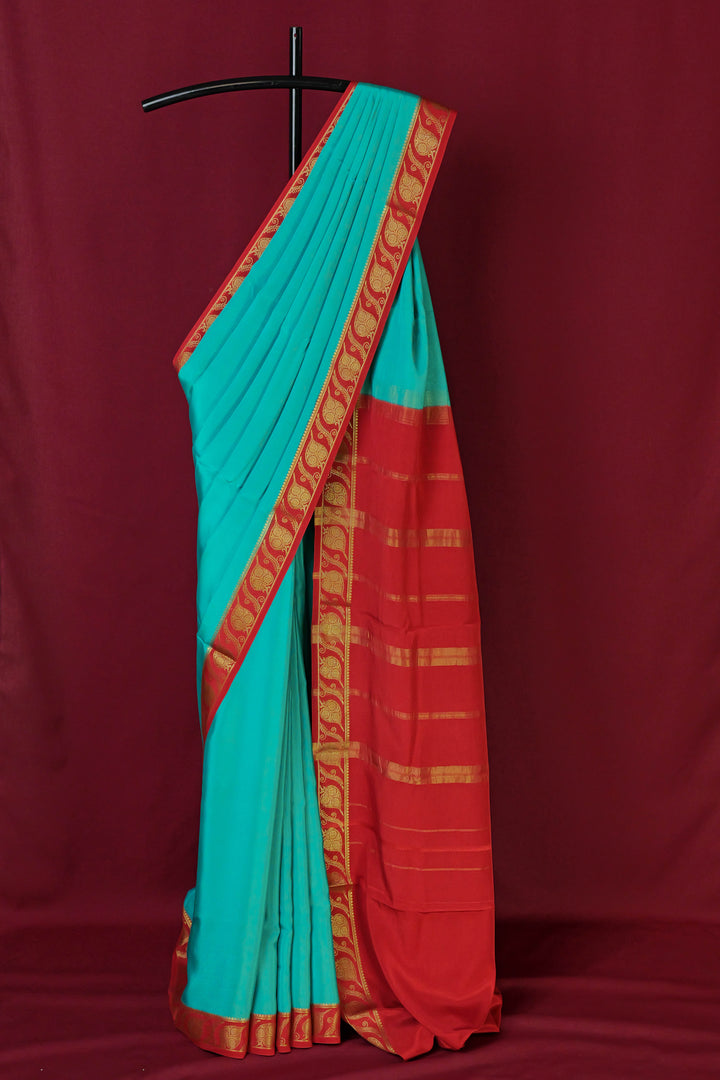 PURE MYSORE SILK SAREE BLUE & RED