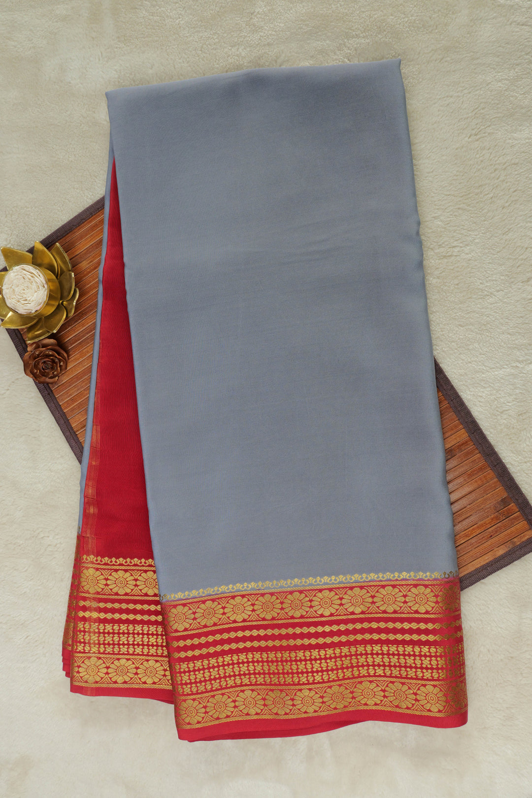 PURE MYSORE SILK SAREES IN GRAY AND RED COLOUR 