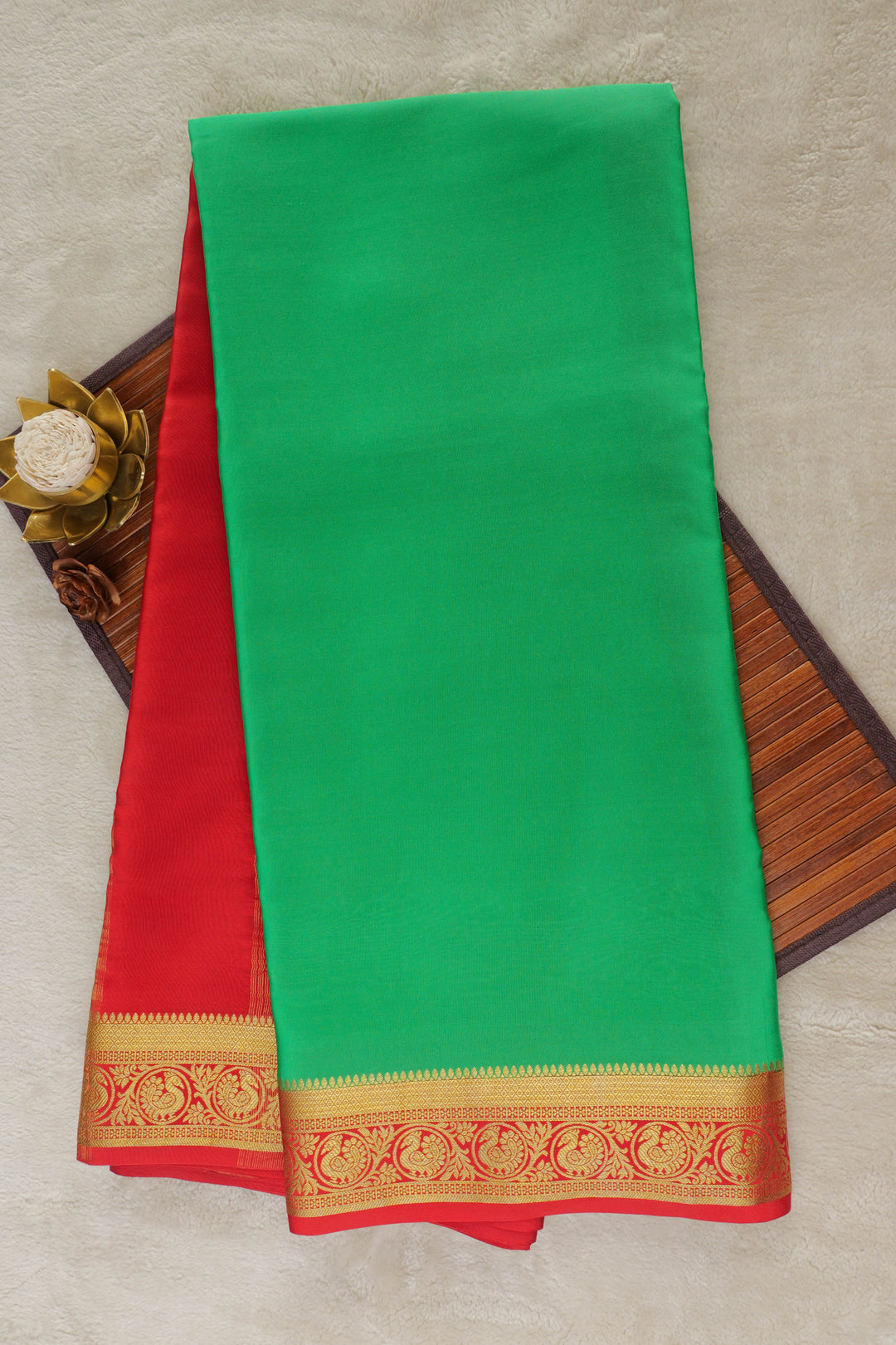 PURE MYSORE SILK SAREES IN GREEN AND ORANGE