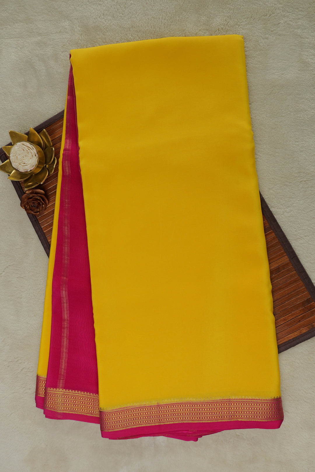 PURE MYSORE SILK SAREES IN MUSTARD WITH PINK AND GOLD