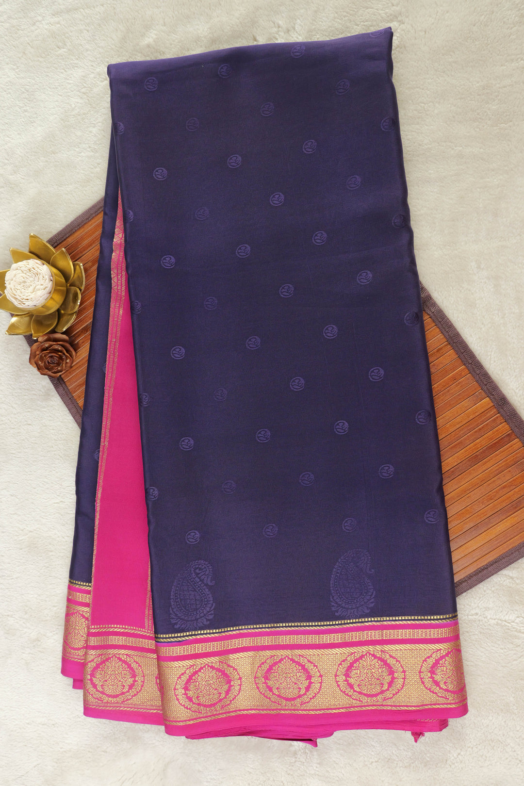 PURE MYSORE SILK SAREES IN NAVY BLUE WITH PINK BOTTOM
