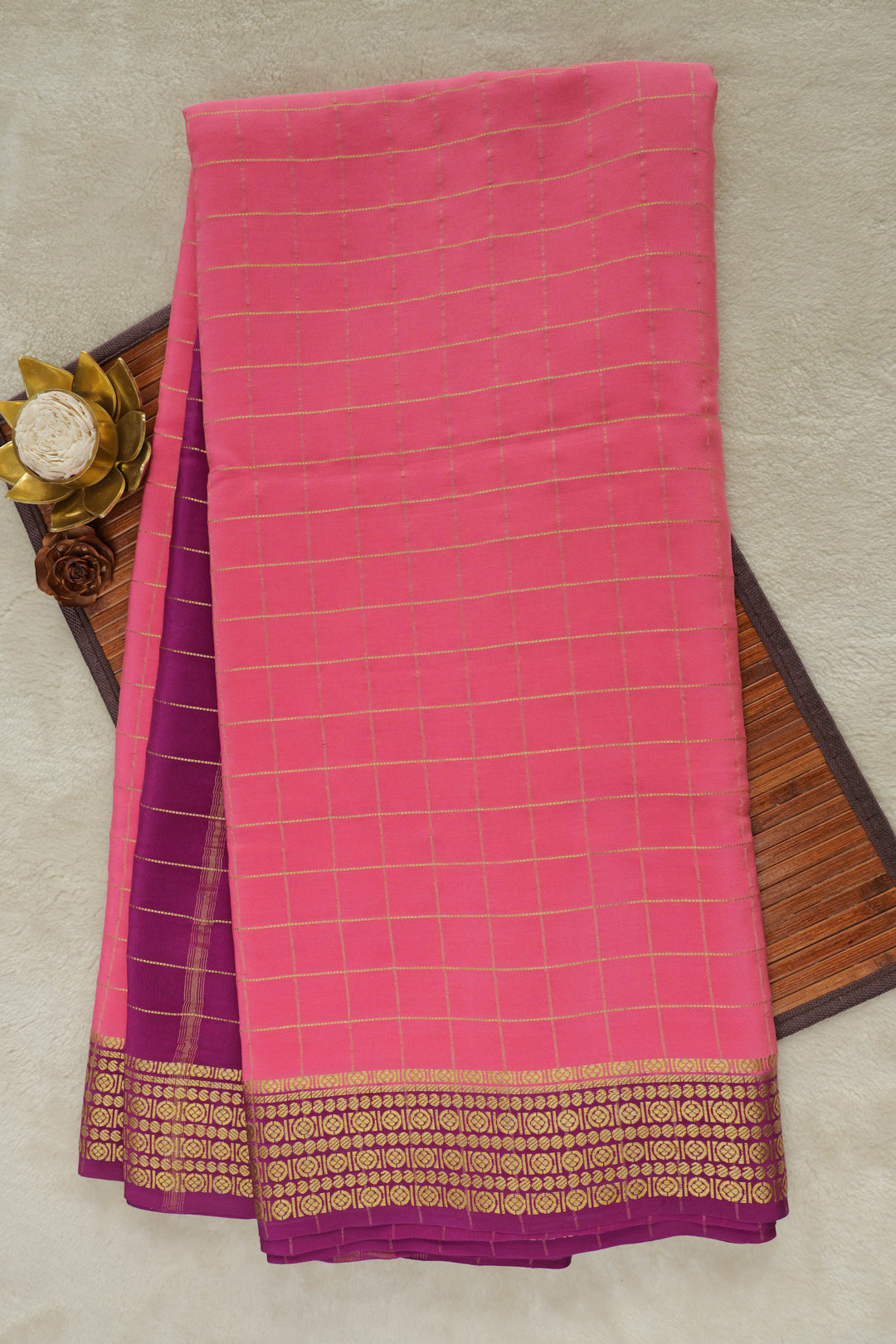 PURE MYSORE SILK SAREES IN PINK WITH PURPLE AND GOLD