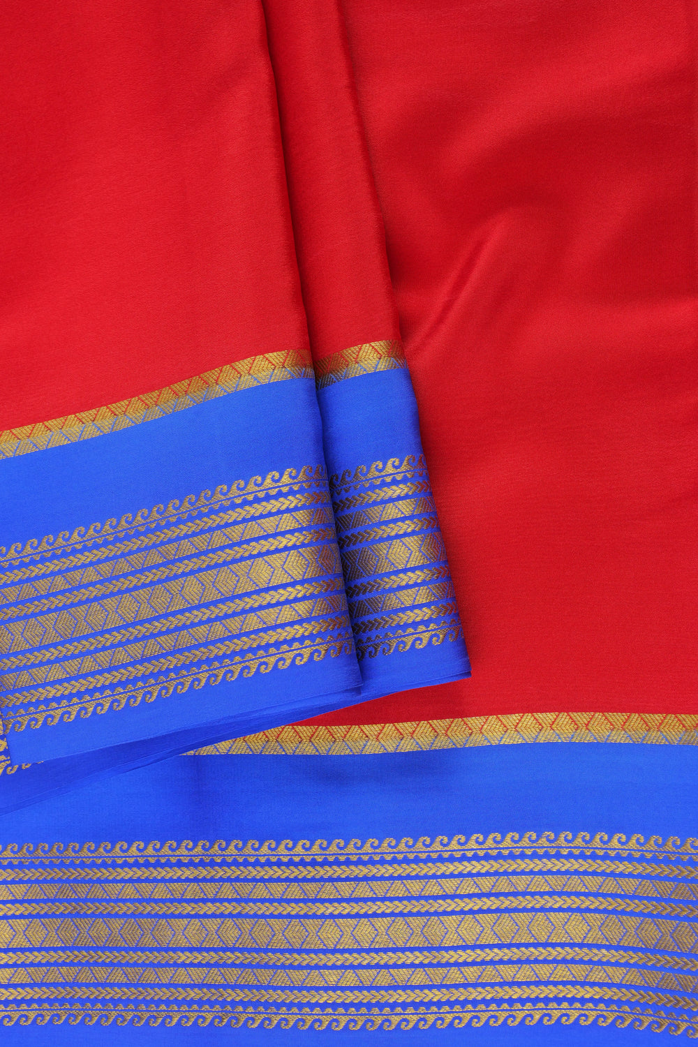 PURE MYSORE SILK SAREE IN RED AND BLUE WITH GOLD
