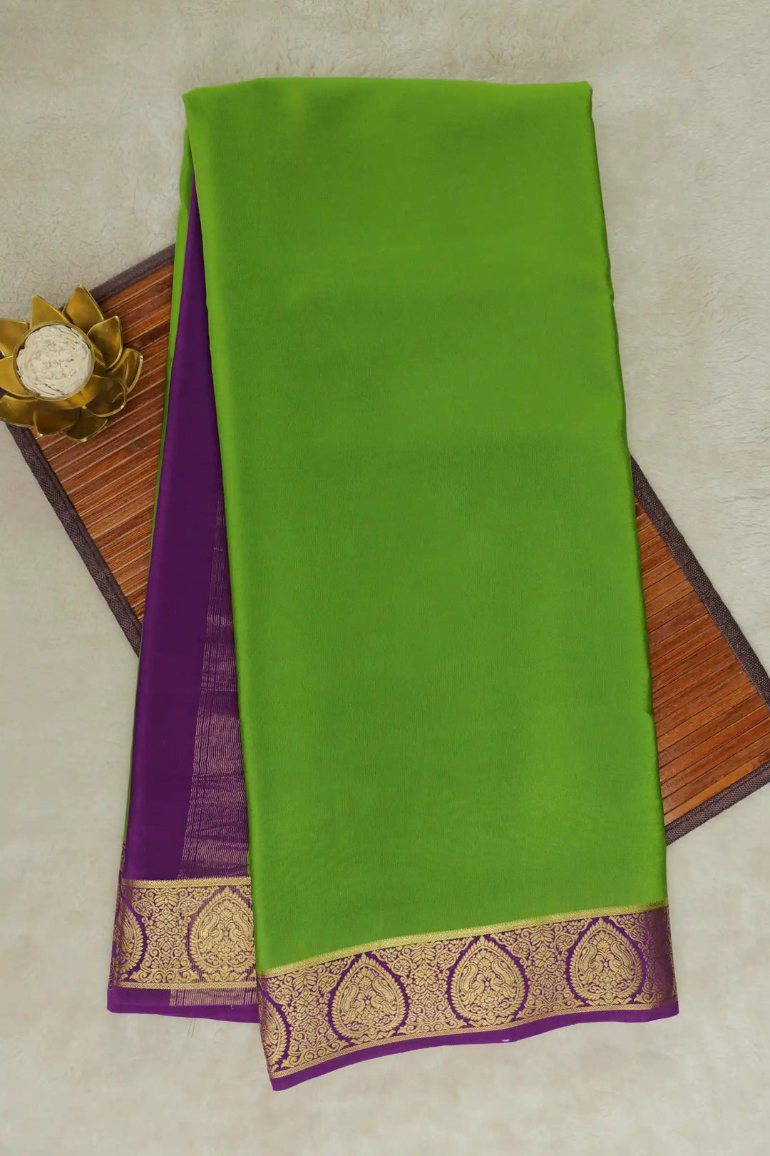 Parrot Green Mysore Silk Saree with Purple Border and Gold Zari Lace