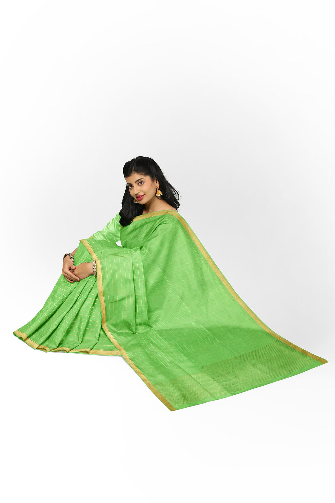 Light Green Pure Mysore Crepe Silk Saree in checks | SILK MARK CERTIFIED