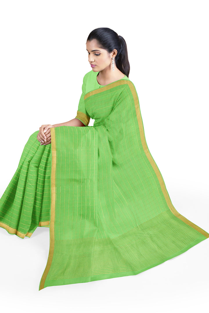 Light Green Pure Mysore Crepe Silk Saree in checks | SILK MARK CERTIFIED