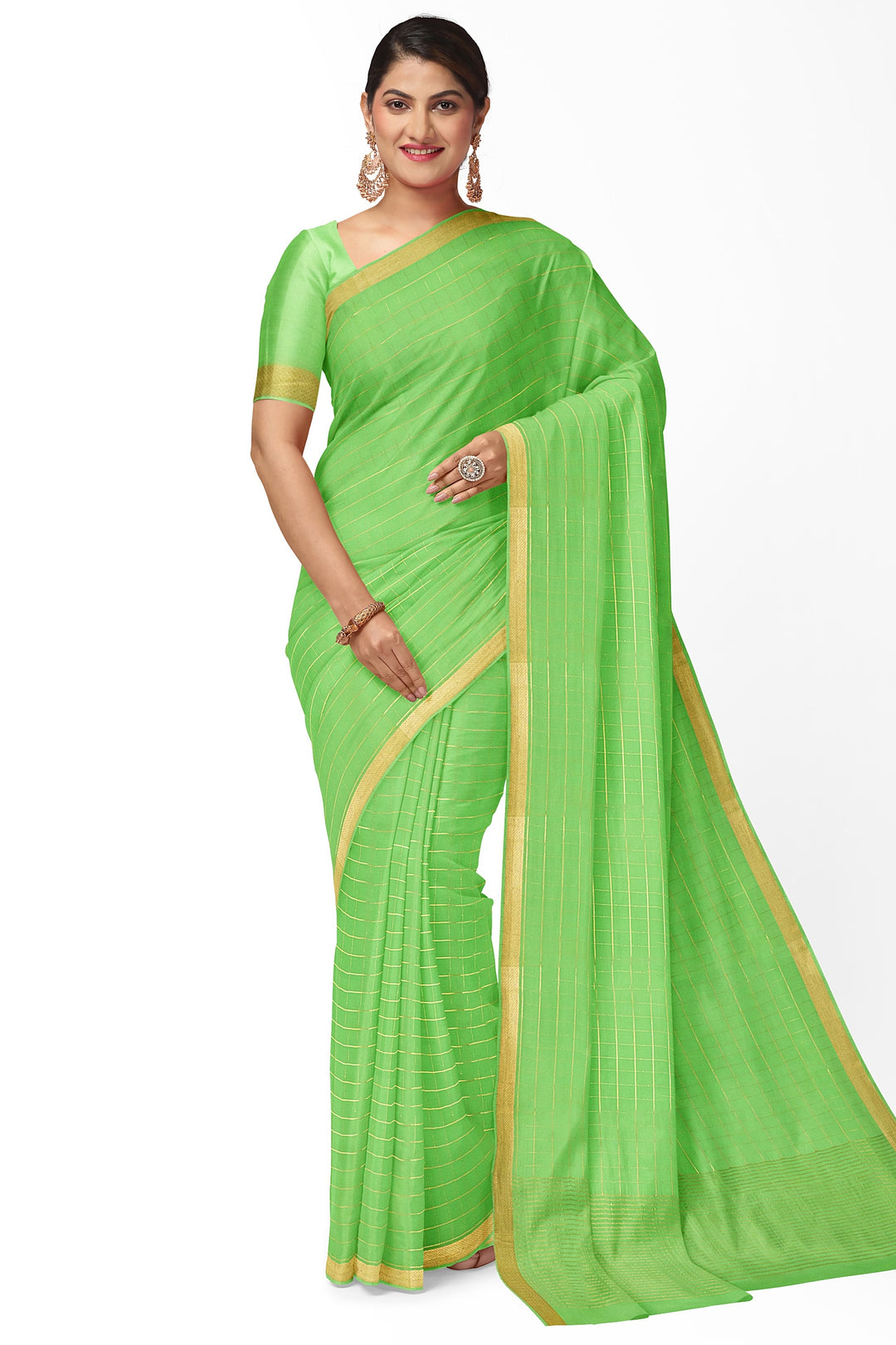 Light Green Pure Mysore Crepe Silk Saree in checks | SILK MARK CERTIFIED