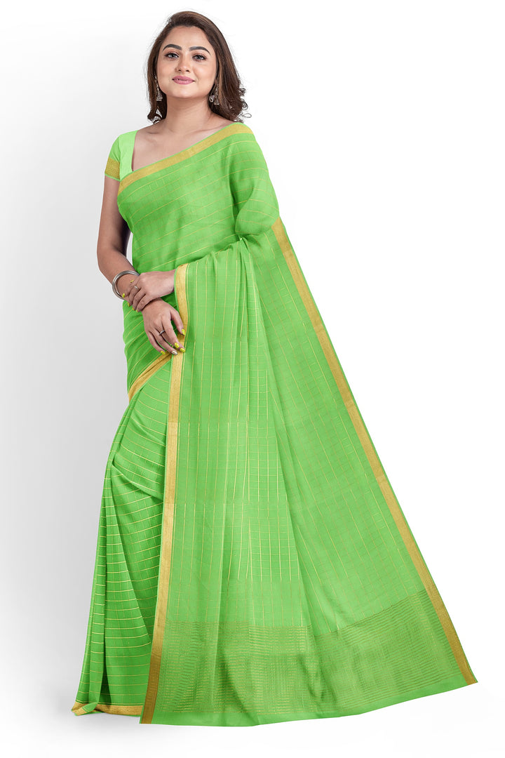Light Green Pure Mysore Crepe Silk Saree in checks | SILK MARK CERTIFIED