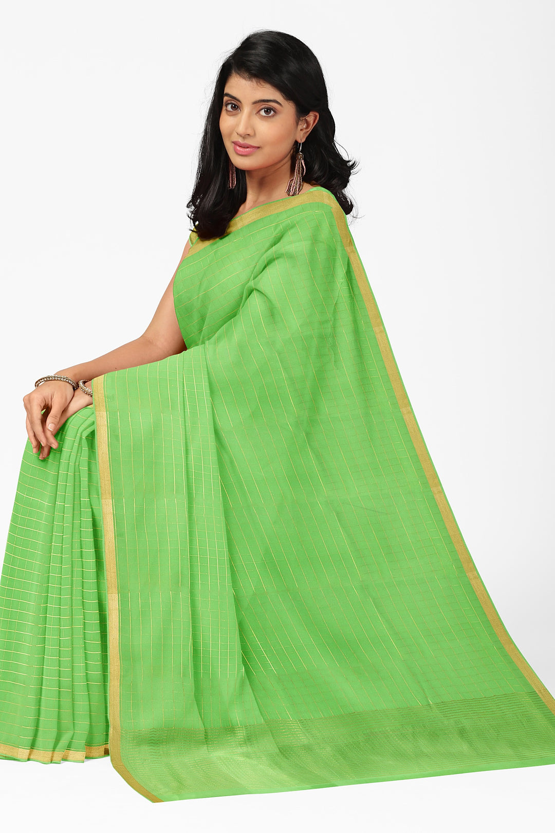 Light Green Pure Mysore Crepe Silk Saree in checks | SILK MARK CERTIFIED