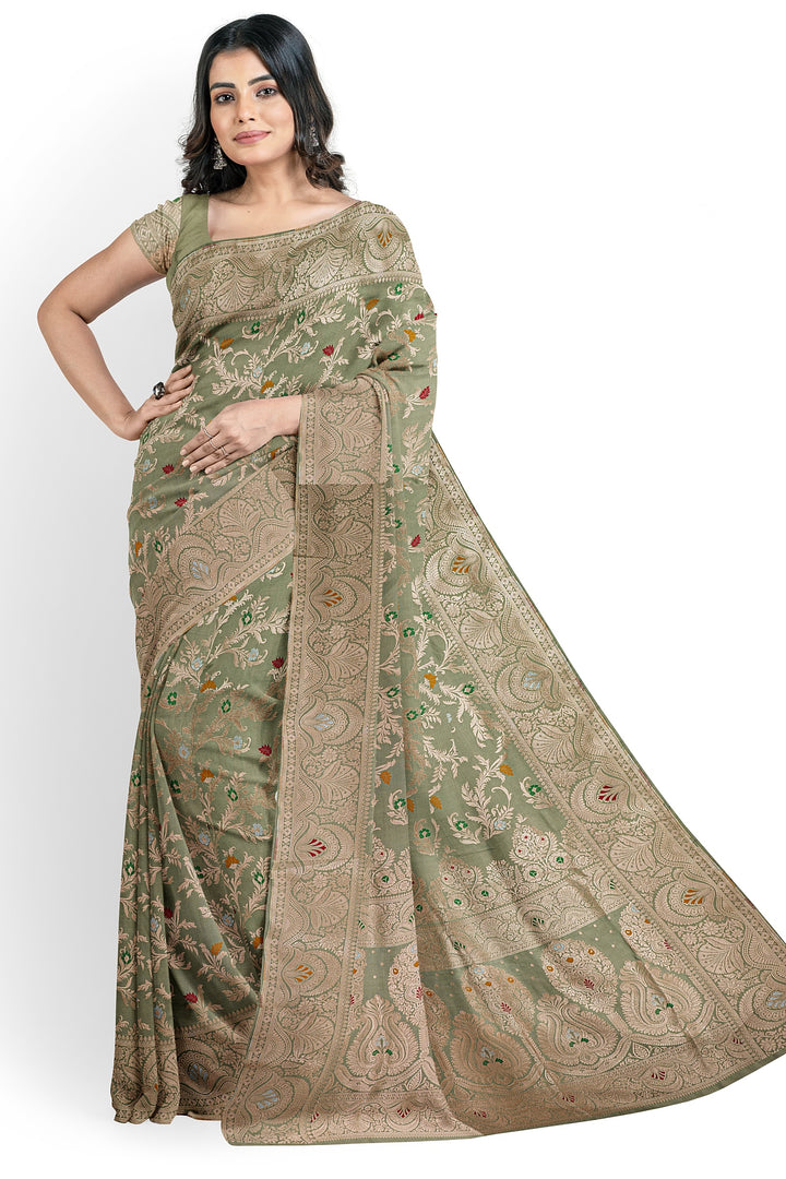 GREY BANARASI KATAN SILK WITH MEENAKARI JAAL WORK HANDLOOM SAREE