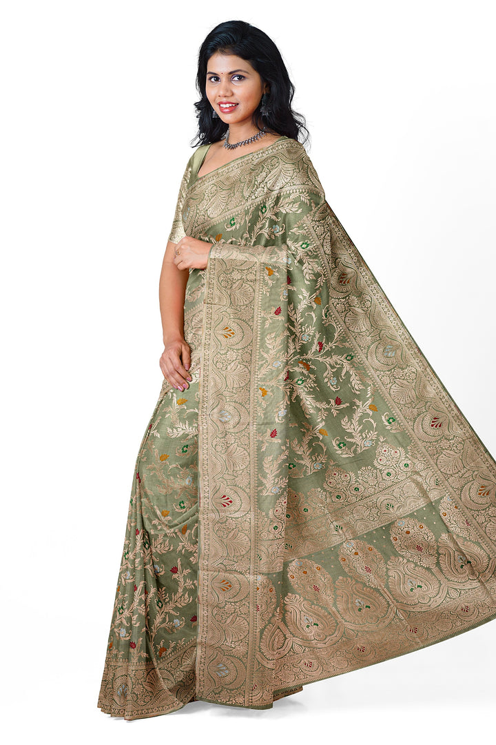 GREY BANARASI KATAN SILK WITH MEENAKARI JAAL WORK HANDLOOM SAREE