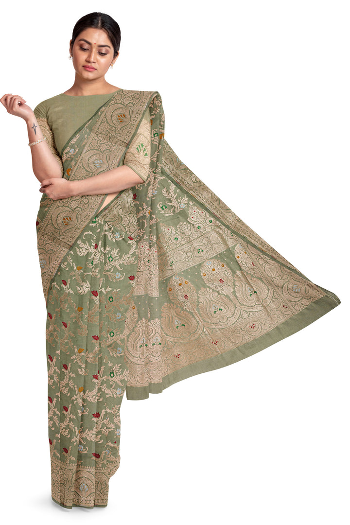 GREY BANARASI KATAN SILK WITH MEENAKARI JAAL WORK HANDLOOM SAREE