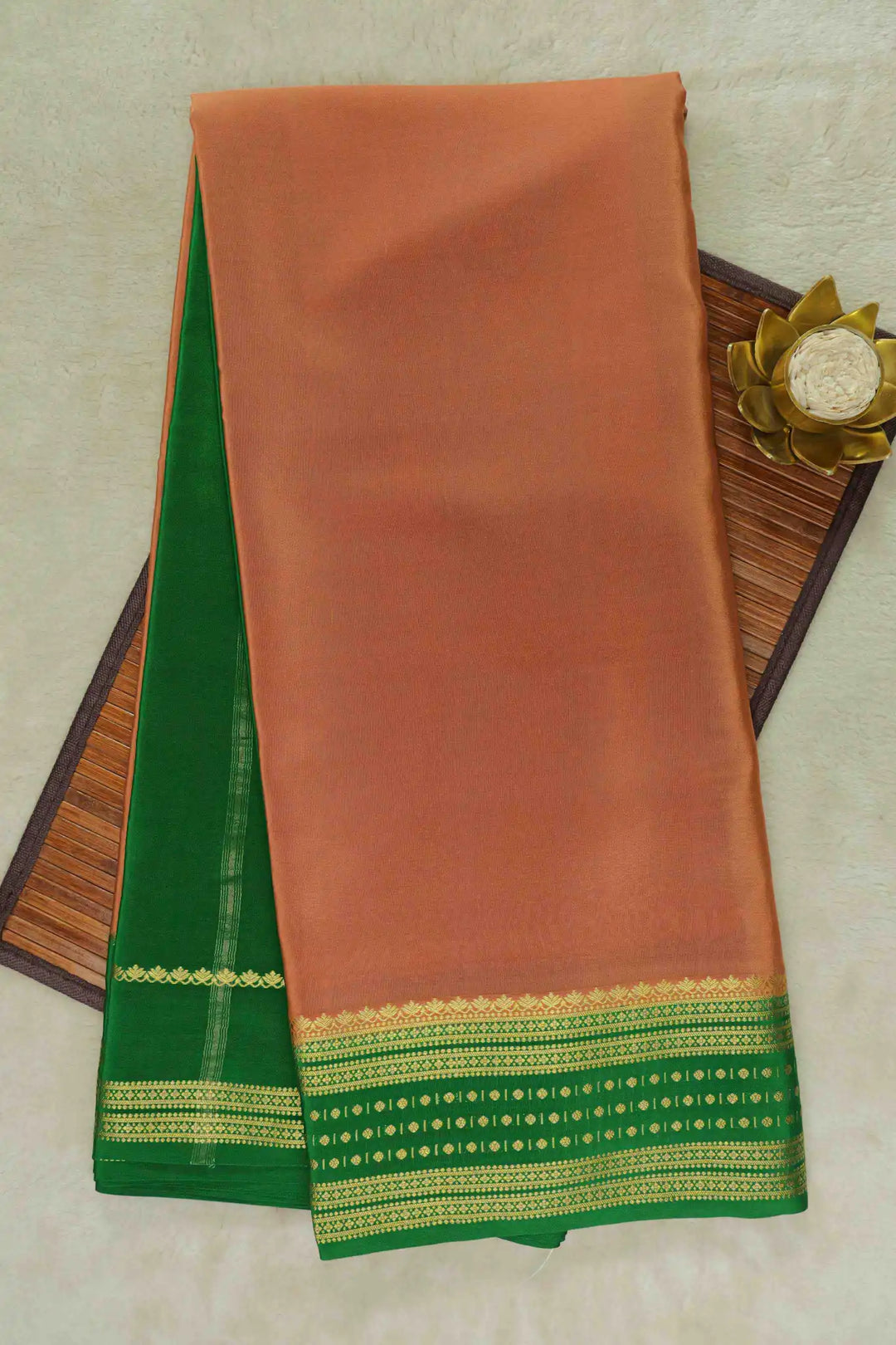 Peach Mysore Silk Saree with green pallu and gold border