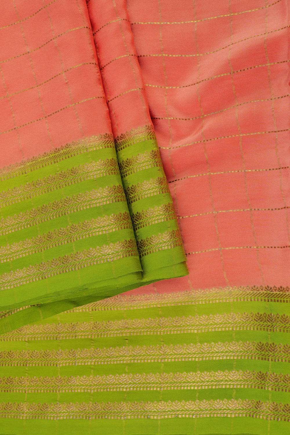 Peach Pink Mysore Silk Saree with Green Border,