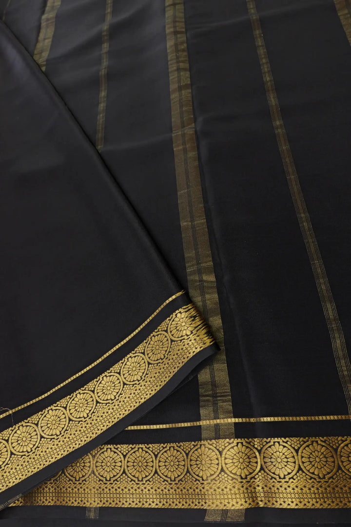 Peach and Black Color Mysore Silk Sarees Collection with Contrast Black Color Blouse