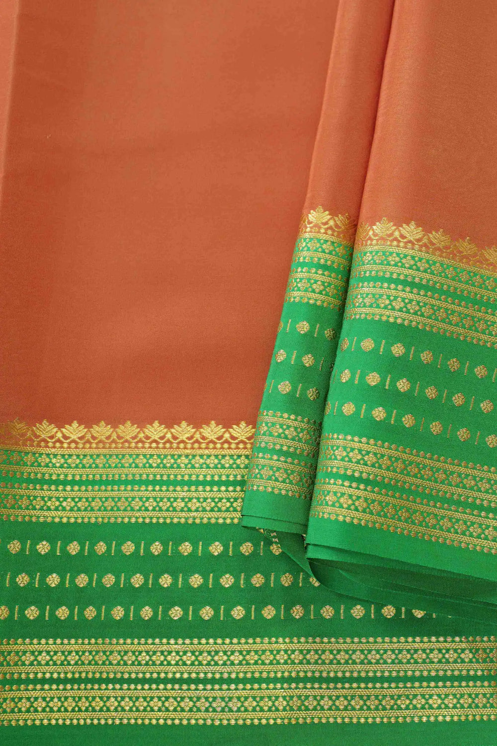 Peach and green Mysore Silk Saree with gold detailing