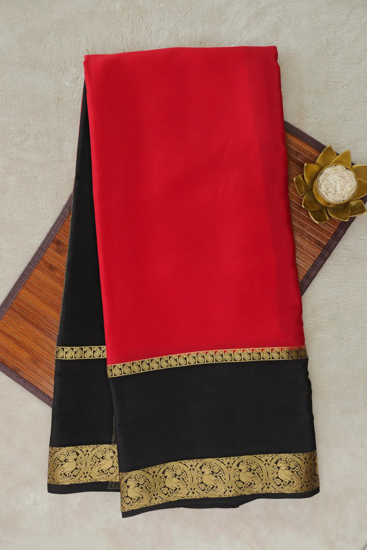  Peacock Border Pure Mysore Silk Saree in Red and Black Color