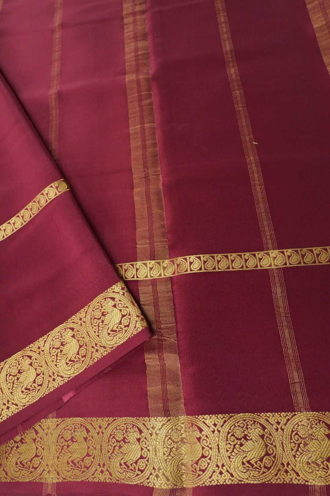 Peacock Designed  Mysore Silk Saree In Mustered and Maroon