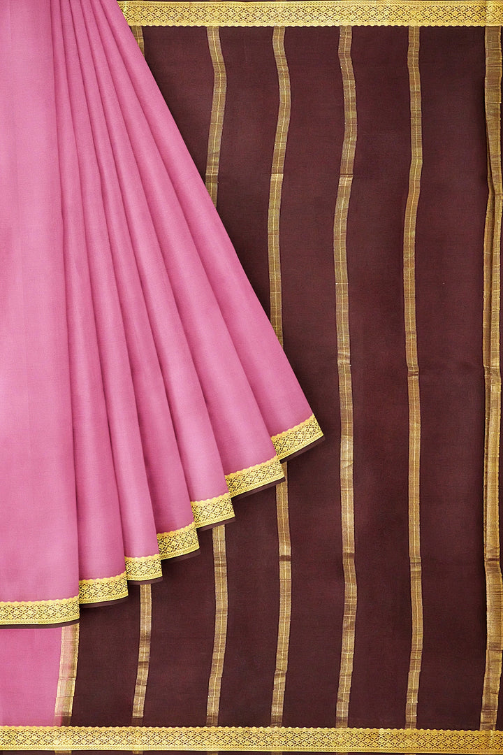 Onion Pink Colour Pure Mysore Crepe Saree with Contrast Zari Border.