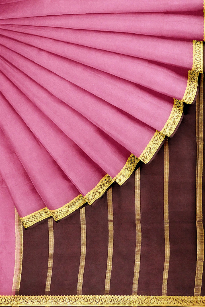 Onion Pink Colour Pure Mysore Crepe Saree with Contrast Zari Border.
