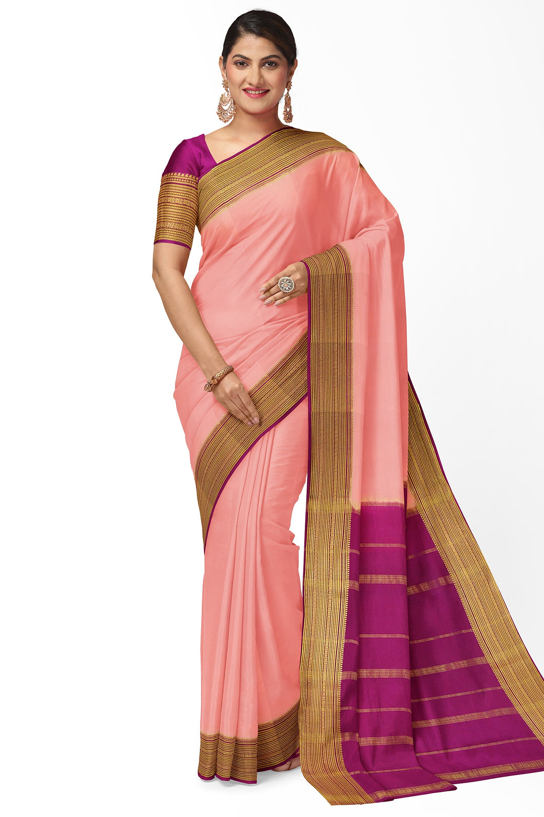 Peach Pure Mysore Crepe Silk Saree | SILK MARK CERTIFIED